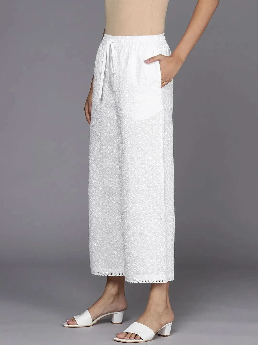 Off White Embroidered Cotton Palazzos - Libas 
