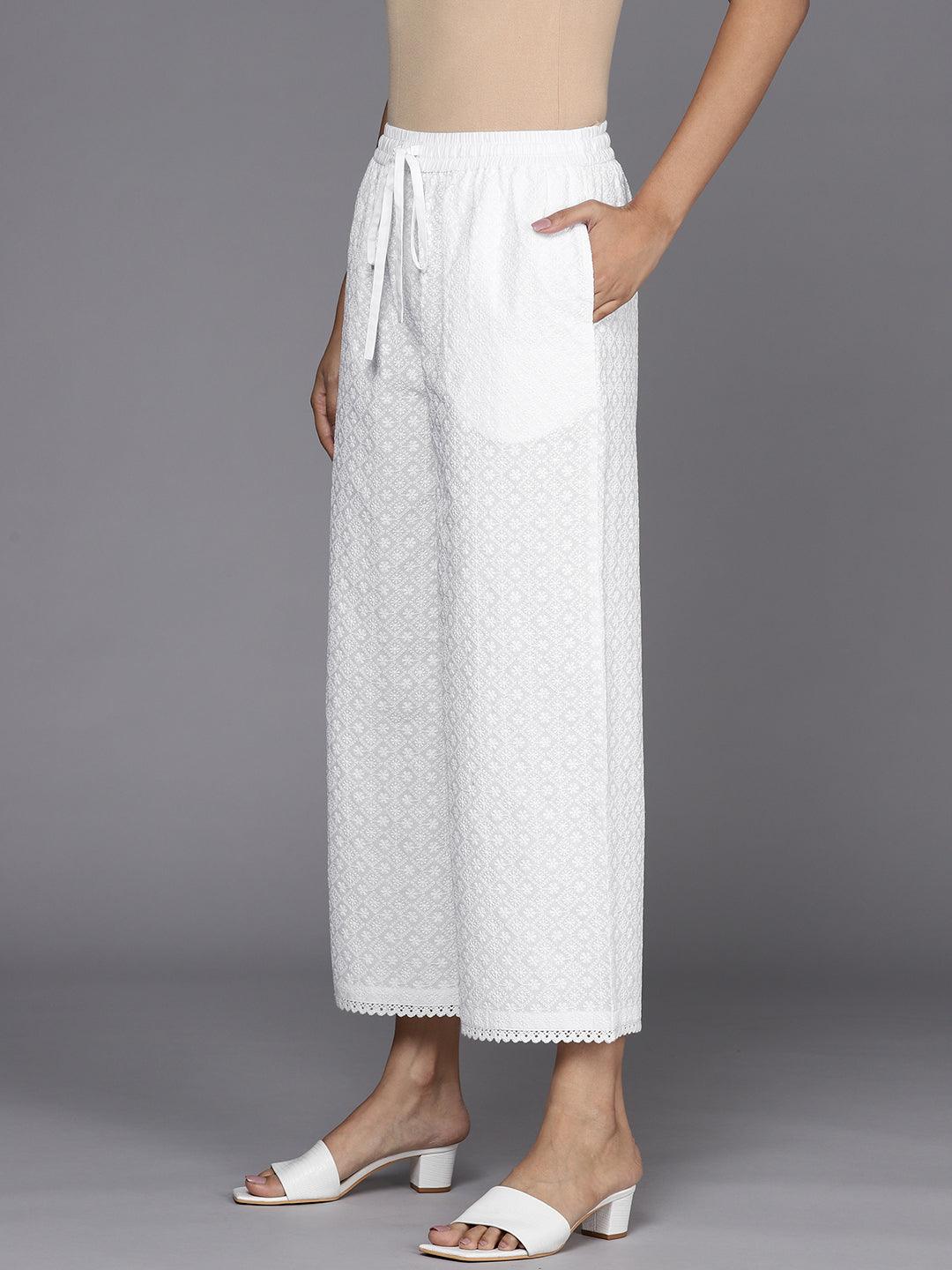 Off White Embroidered Cotton Palazzos - Libas