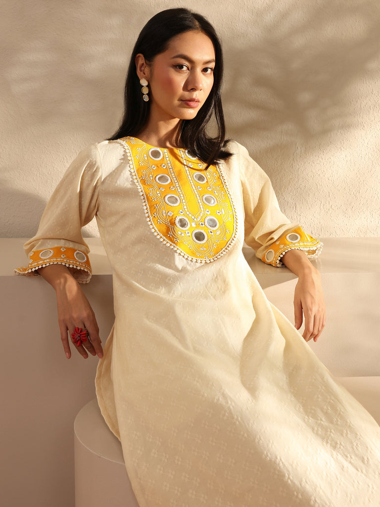 Libas Off White Embroidered Cotton Straight Kurta