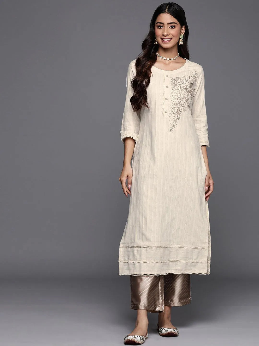Off White Embellished Cotton Straight Kurta - Libas