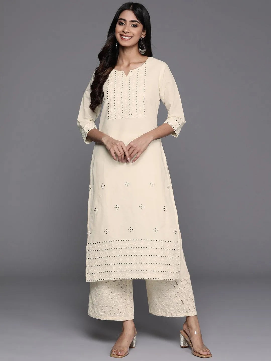 Off White Embroidered Cotton Straight Kurta - Libas 