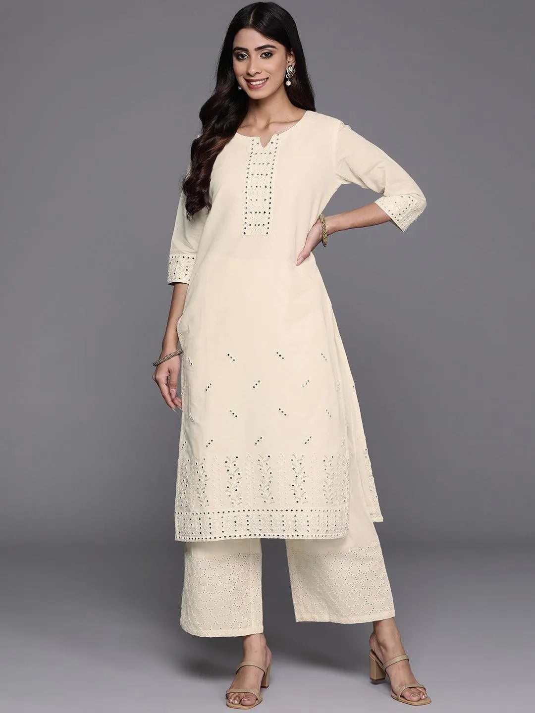 Off White Embroidered Cotton Straight Kurta - Libas 