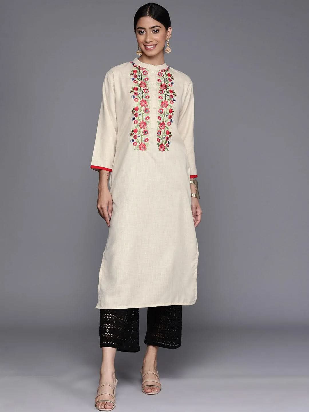 Off White Embroidered Cotton Straight Kurta - Libas 