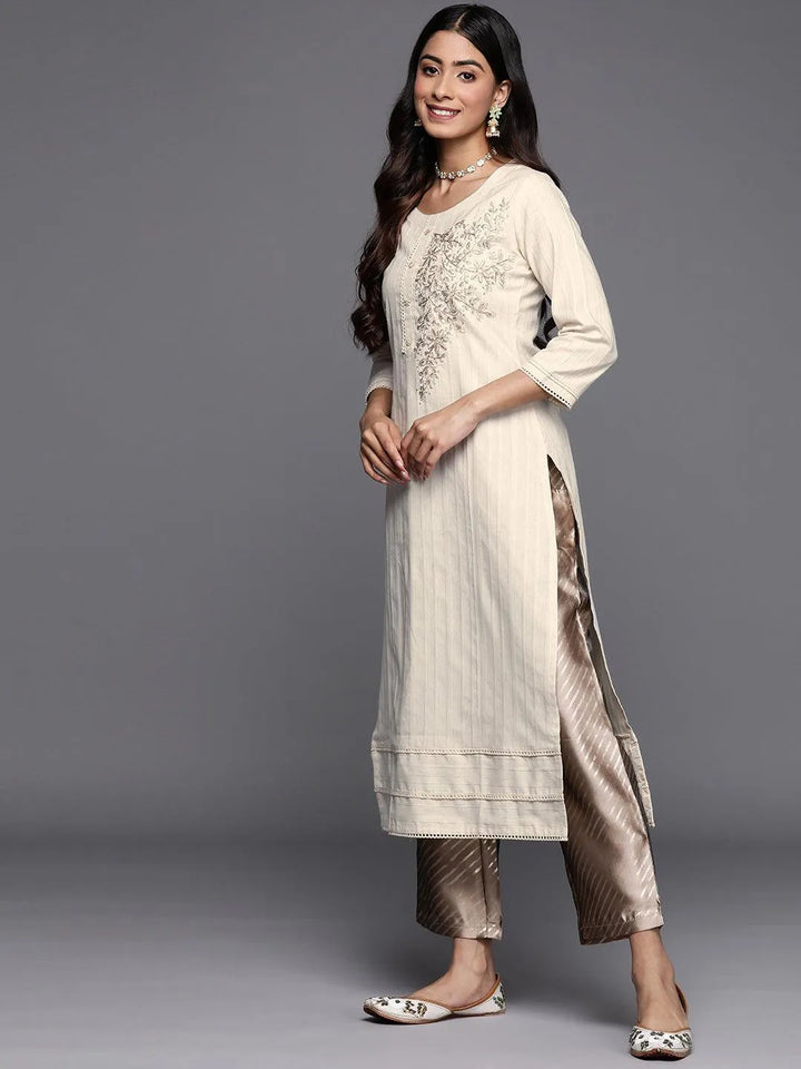 Off White Embellished Cotton Straight Kurta - Libas