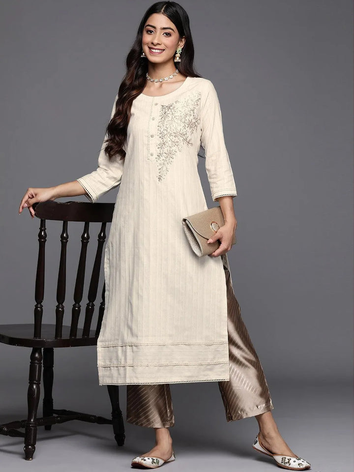 Off White Embellished Cotton Straight Kurta - Libas