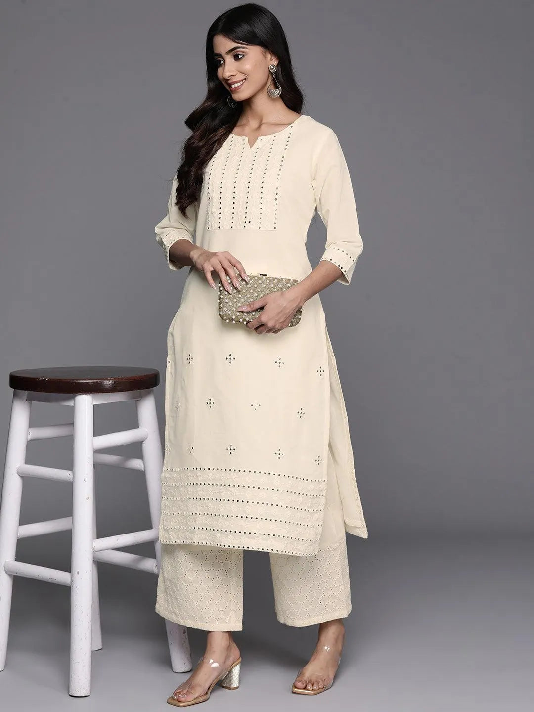 Off White Embroidered Cotton Straight Kurta - Libas 