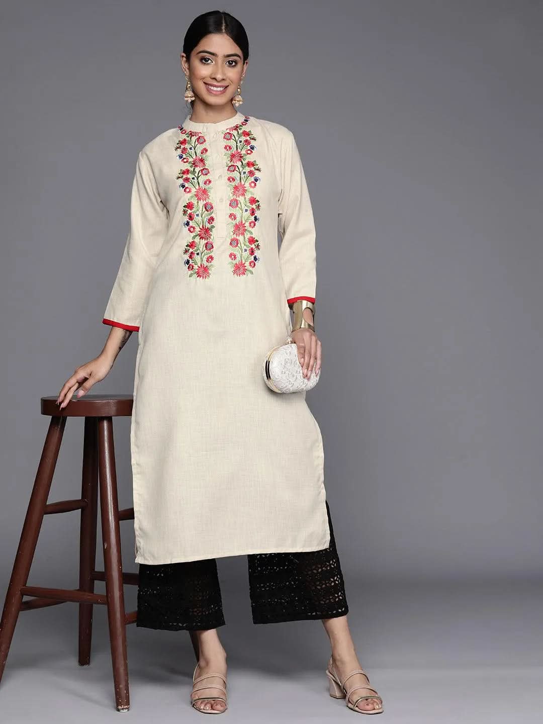 Off White Embroidered Cotton Straight Kurta - Libas 