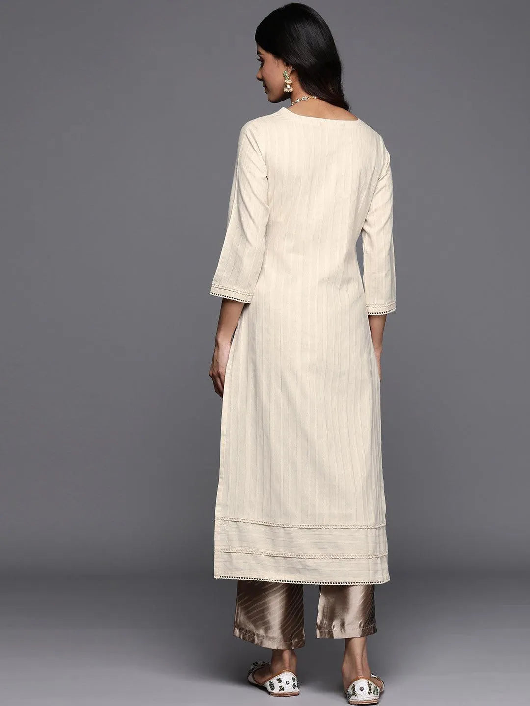 Off White Embellished Cotton Straight Kurta - Libas 
