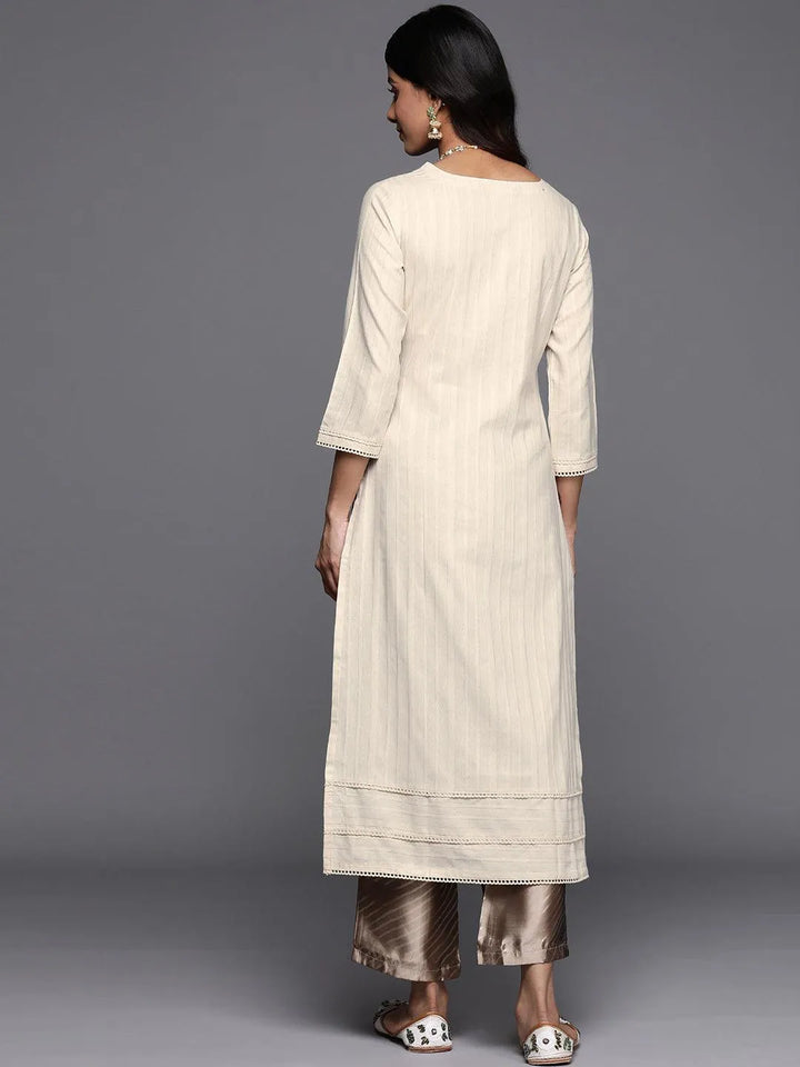 Off White Embellished Cotton Straight Kurta - Libas