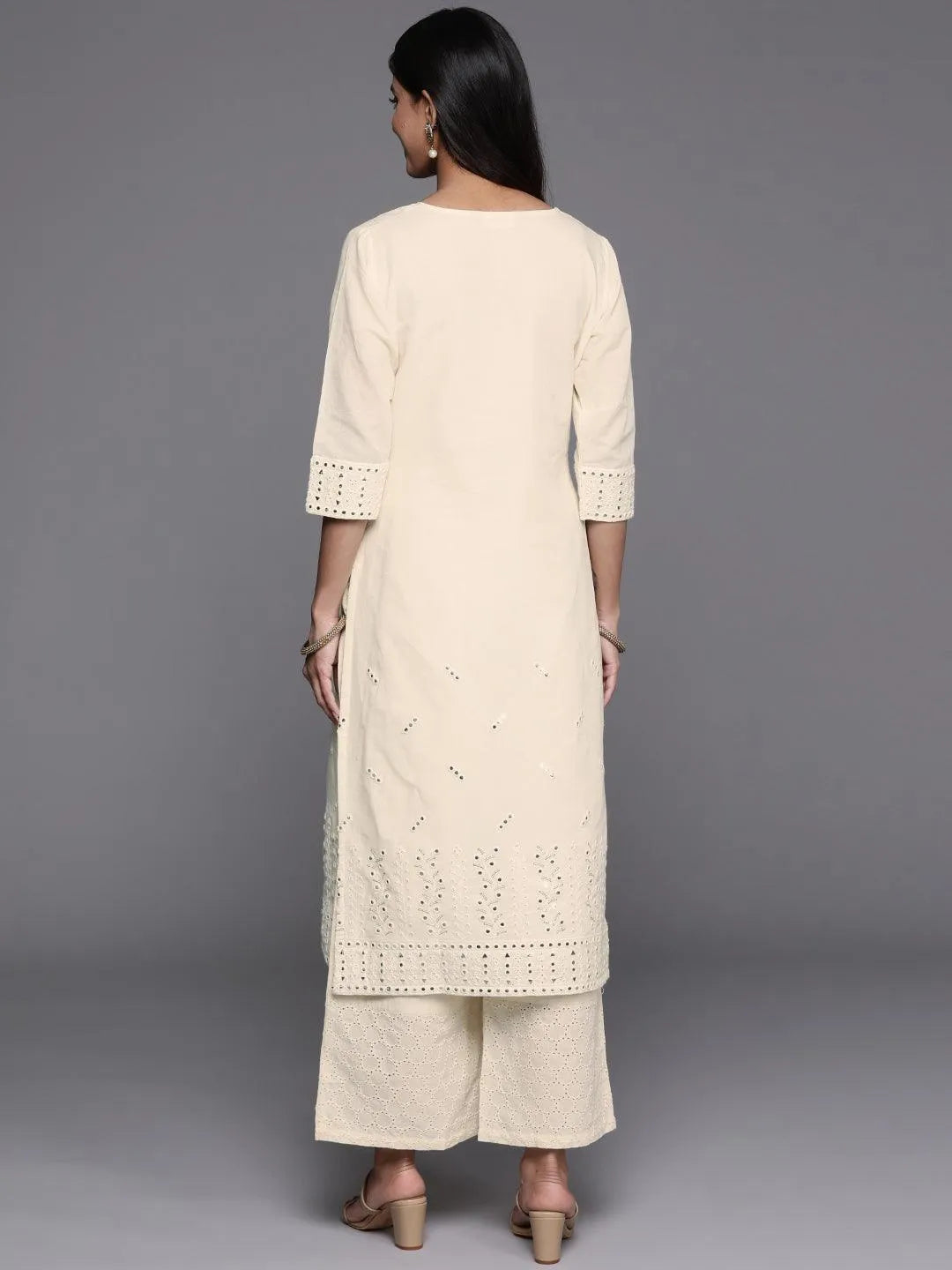 Off White Embroidered Cotton Straight Kurta - Libas 