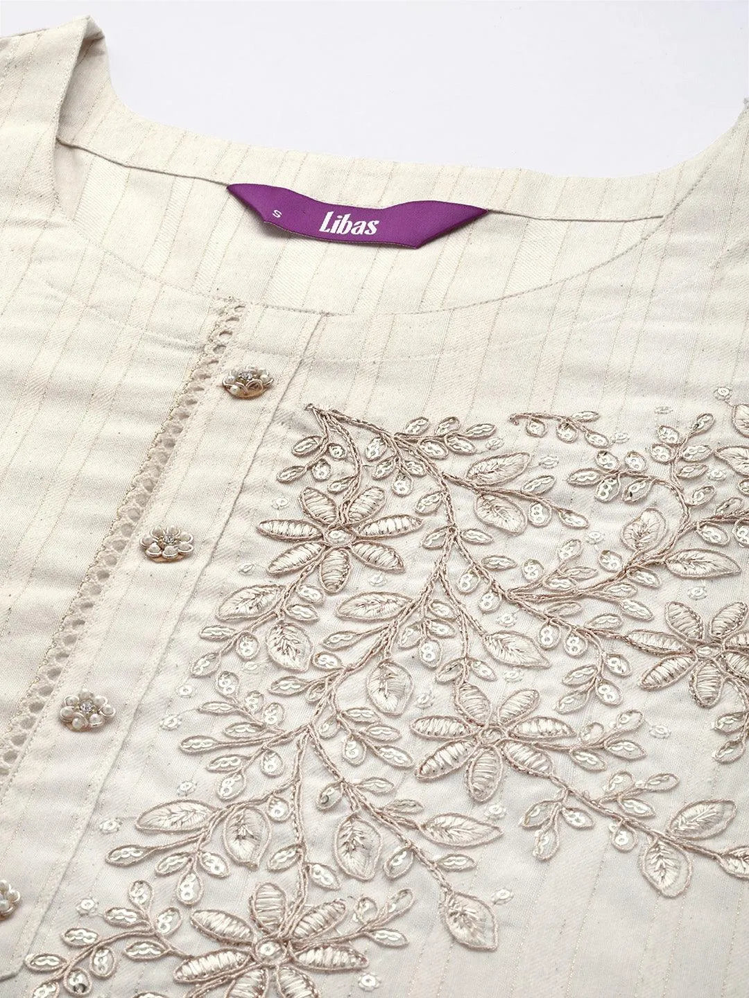 Off White Embellished Cotton Straight Kurta - Libas 