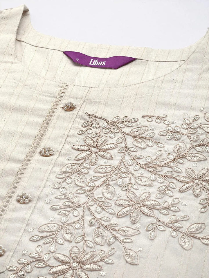 Off White Embellished Cotton Straight Kurta - Libas