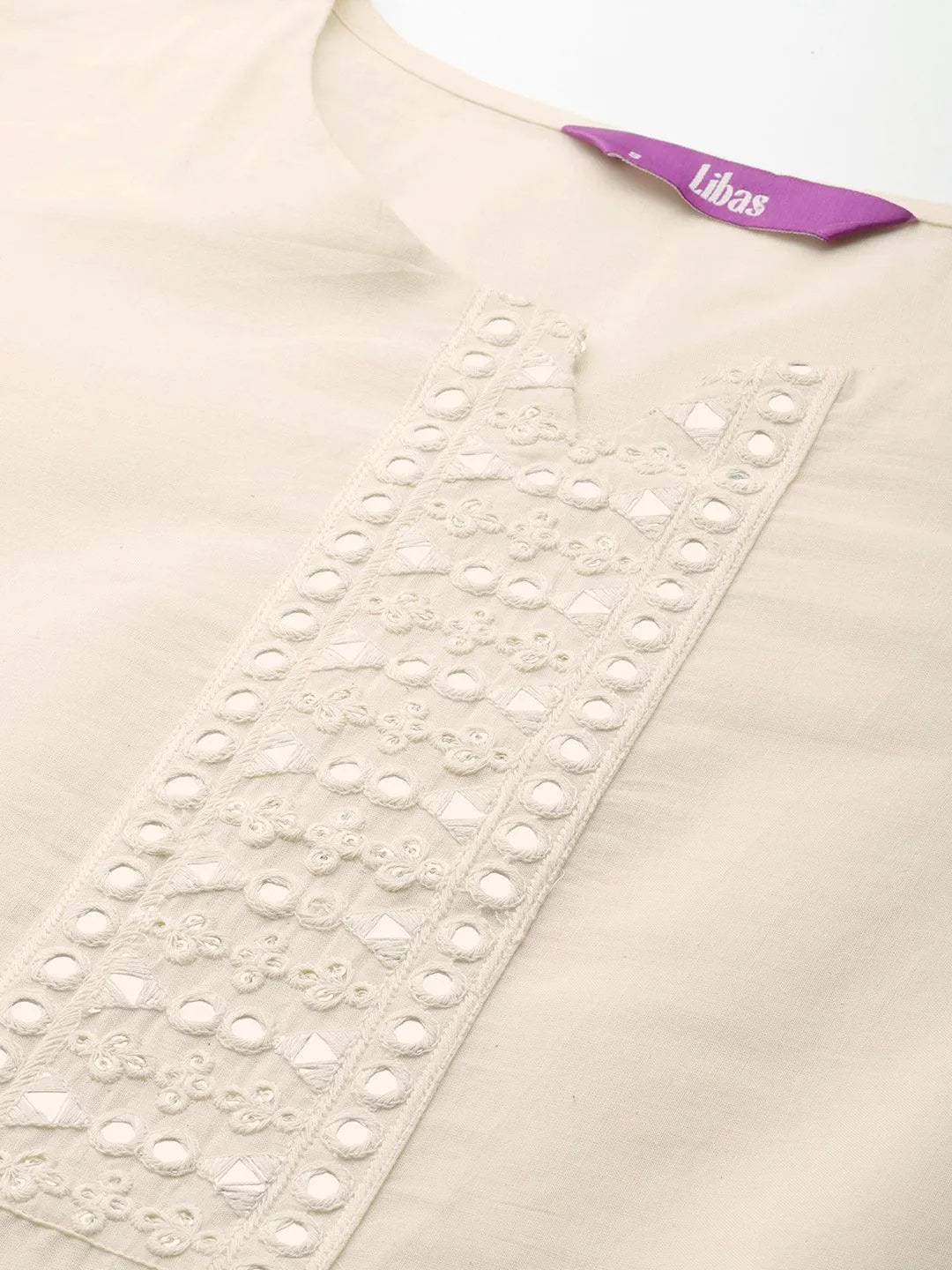 Off White Embroidered Cotton Straight Kurta - Libas 