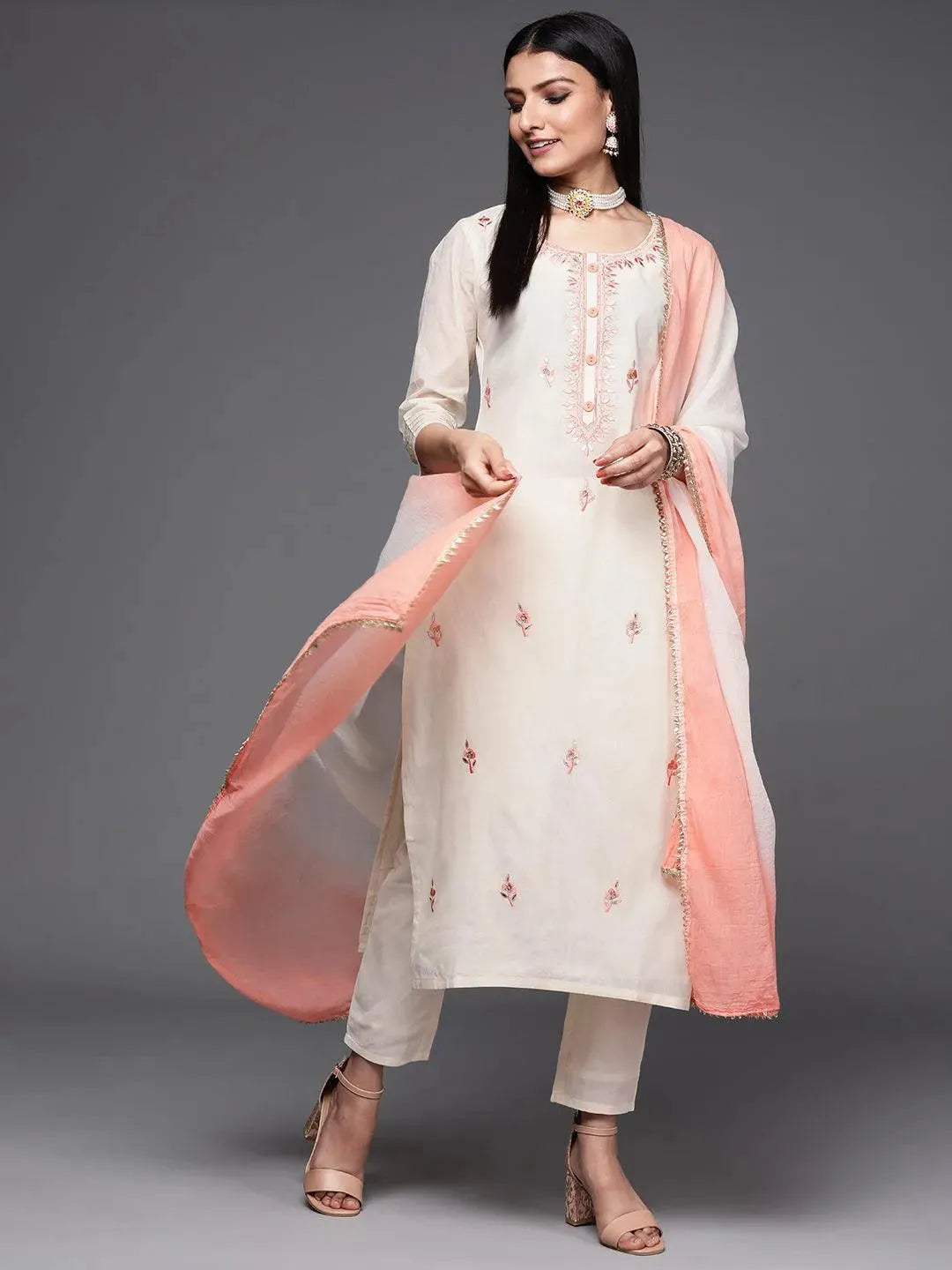 Off White Embroidered Cotton Suit Set - Libas