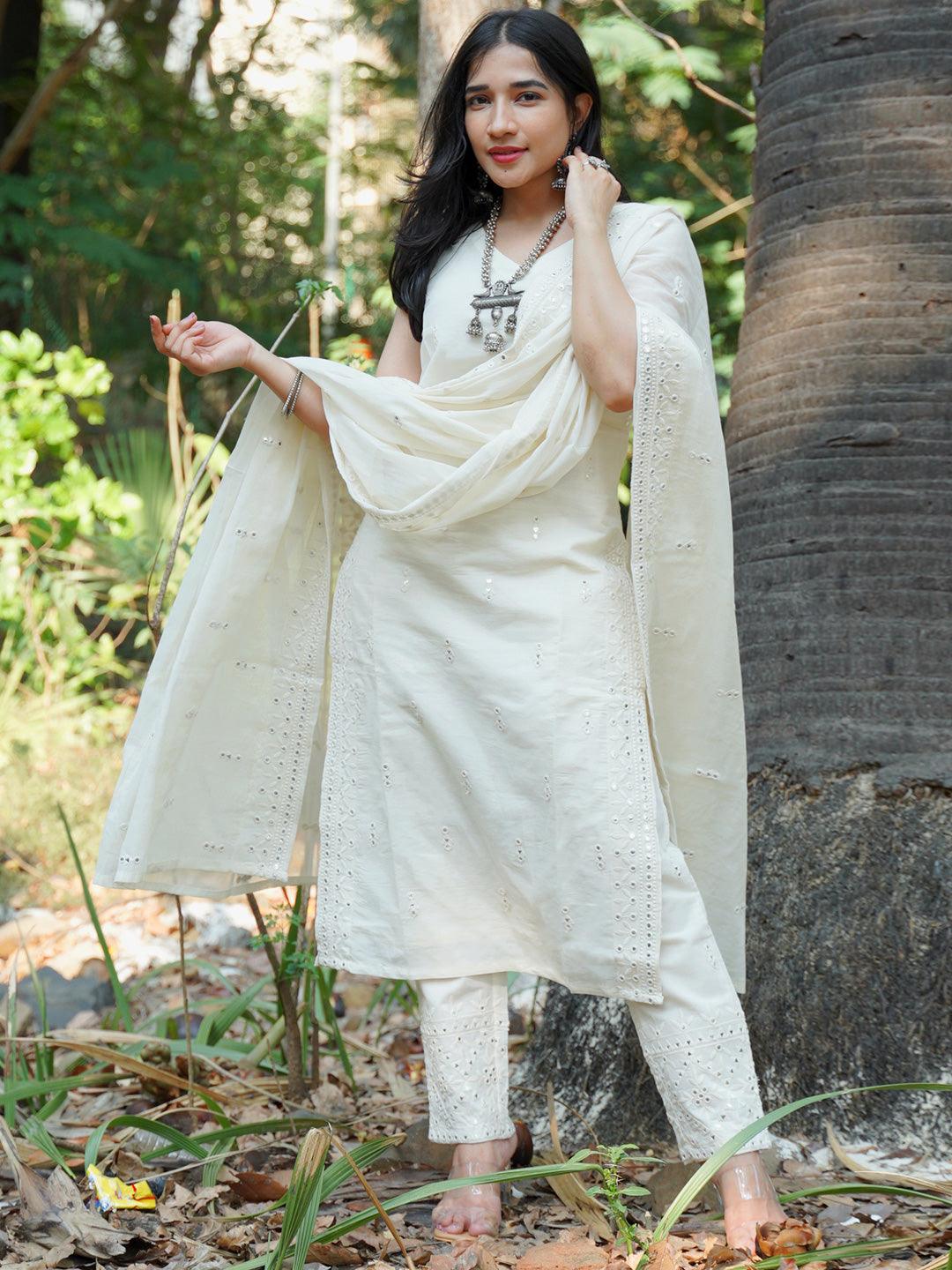 Off-White Embroidered Cotton Straight Kurta With Trousers & Dupatta