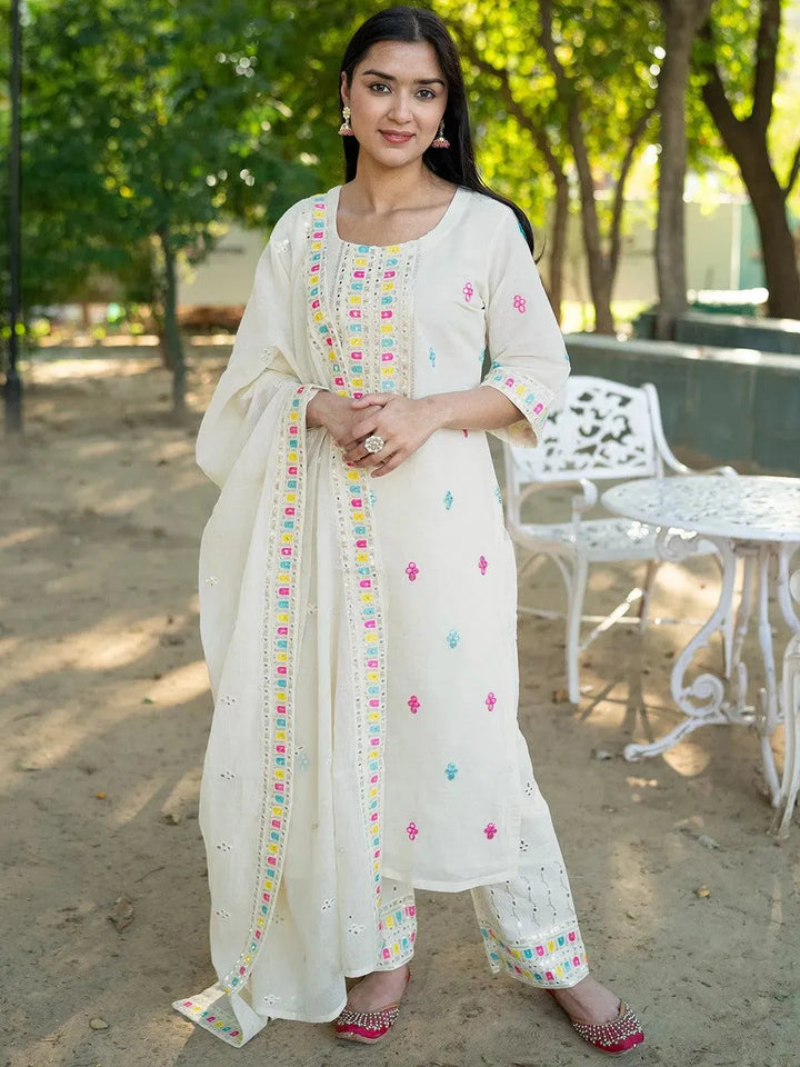 Off White Embroidered Cotton Straight Suit Set With Trousers - Libas