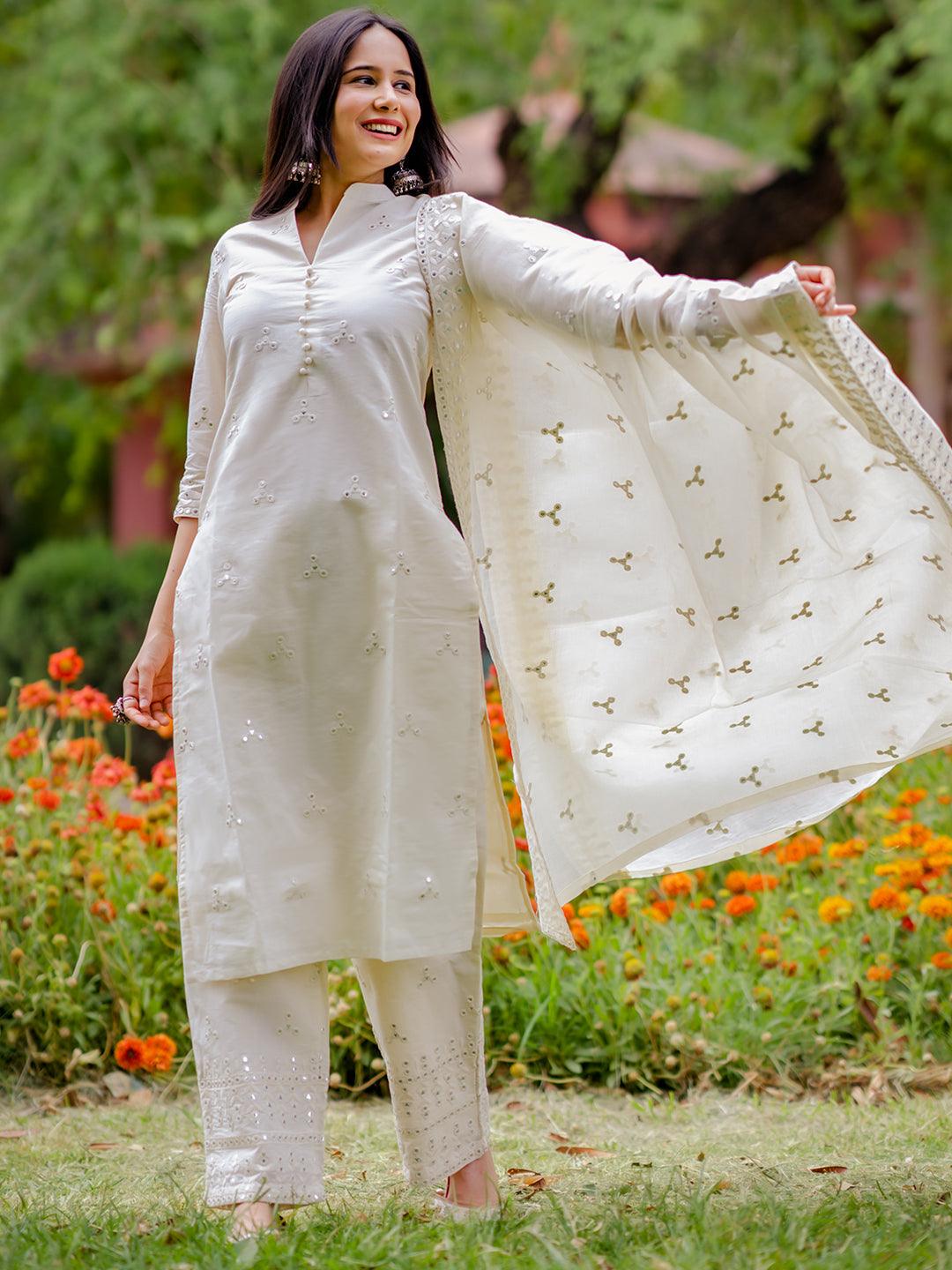 Off-White Embroidered Cotton Straight Kurta With Dupatta - Libas