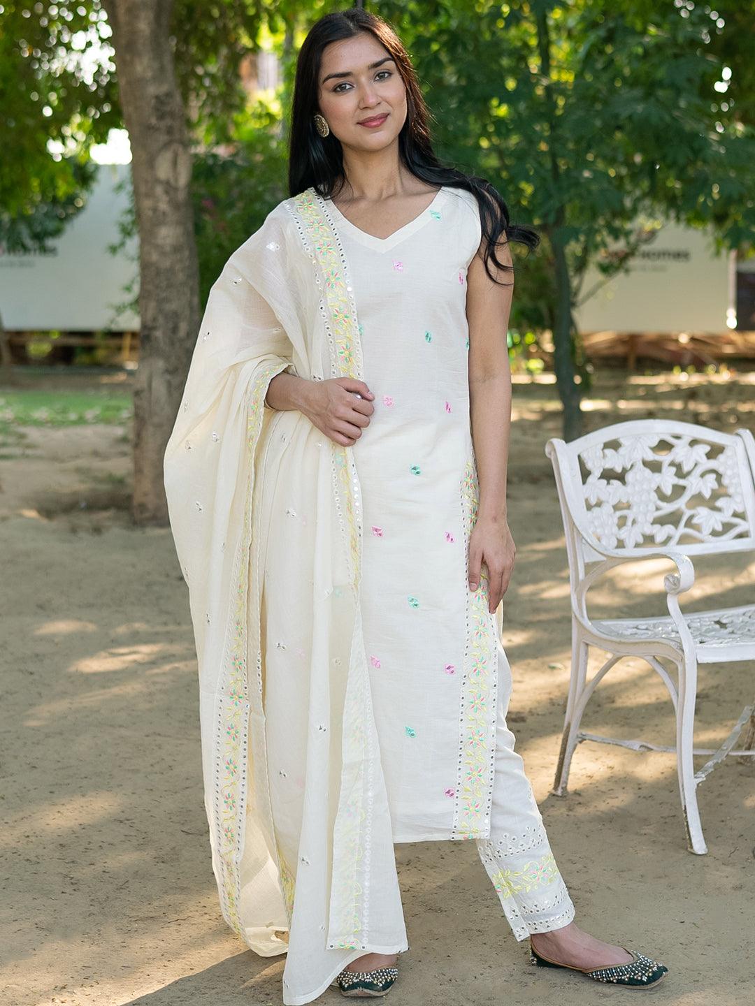 Off-White Embroidered Cotton Straight Kurta With Dupatta