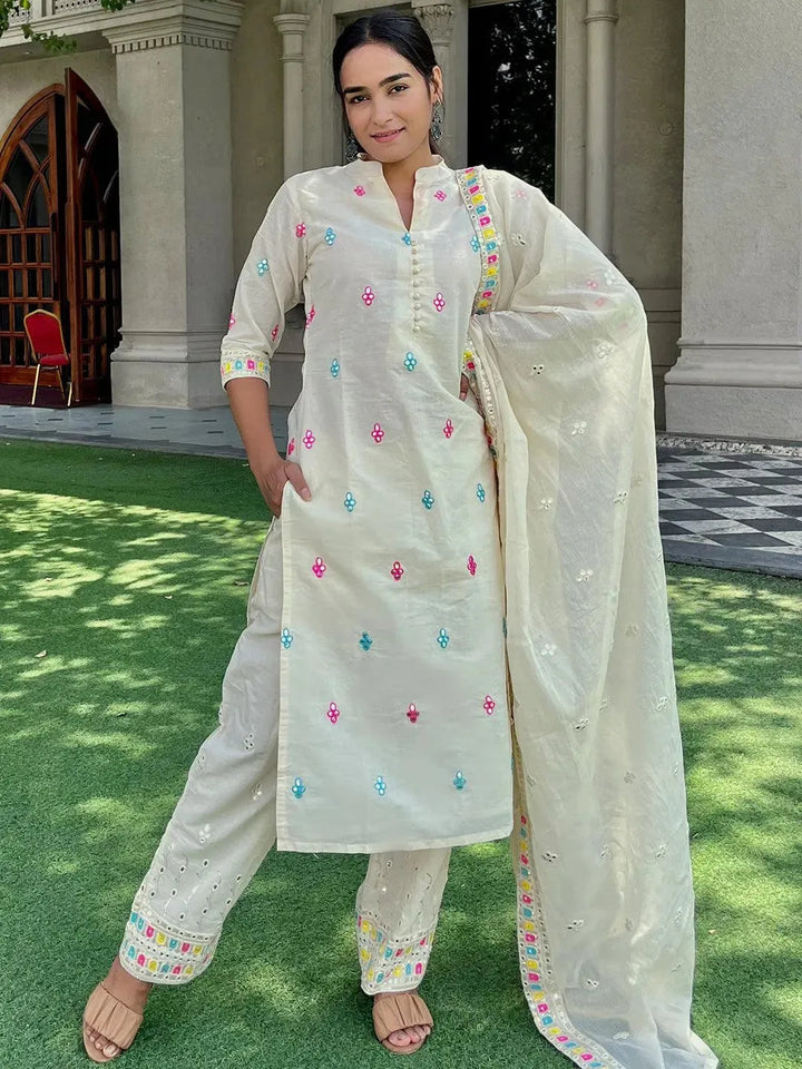 Off-White Embroidered Cotton Straight Kurta With Dupatta - Libas