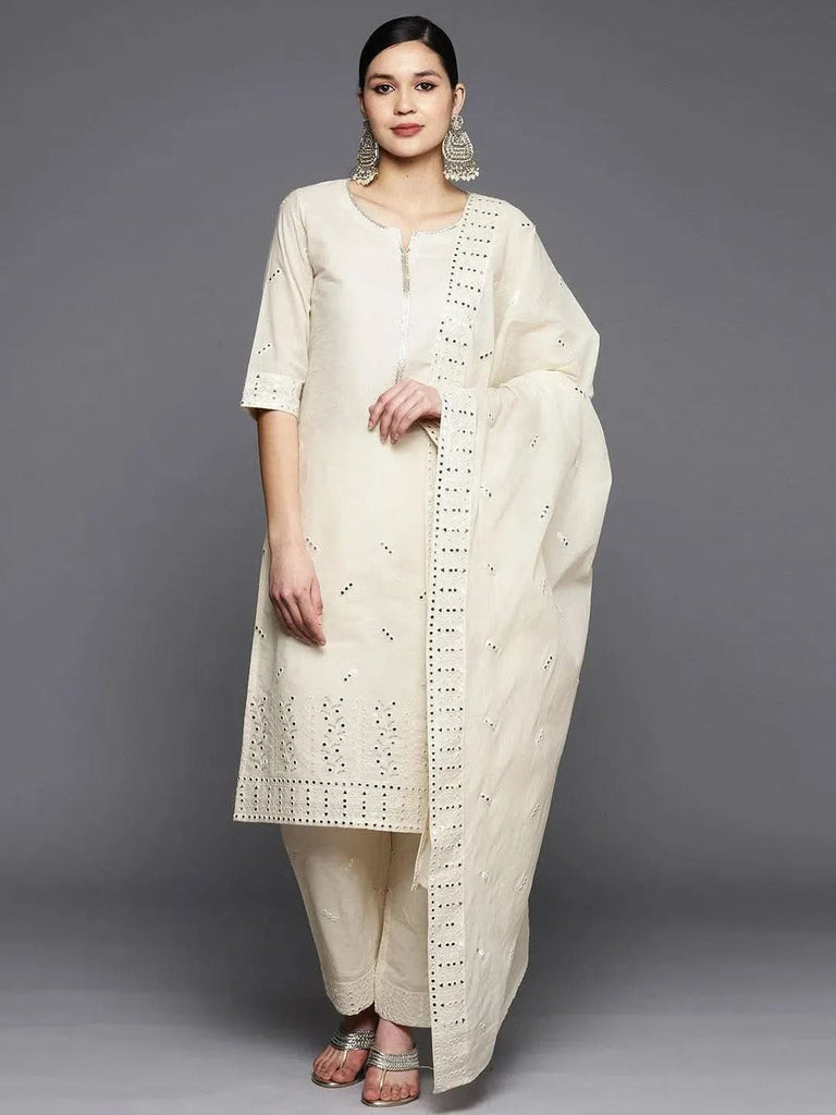 Libas Off-White Embroidered Cotton Straight Kurta With Dupatta