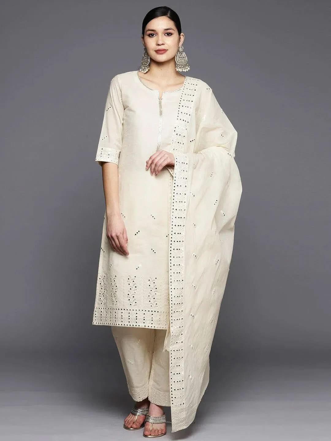 

Off-White Embroidered Cotton Straight Kurta With Dupatta