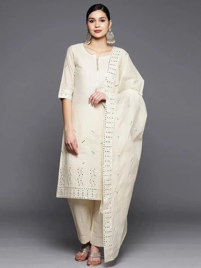 Off White Embroidered Cotton Straight Suit Set With Trousers - Libas