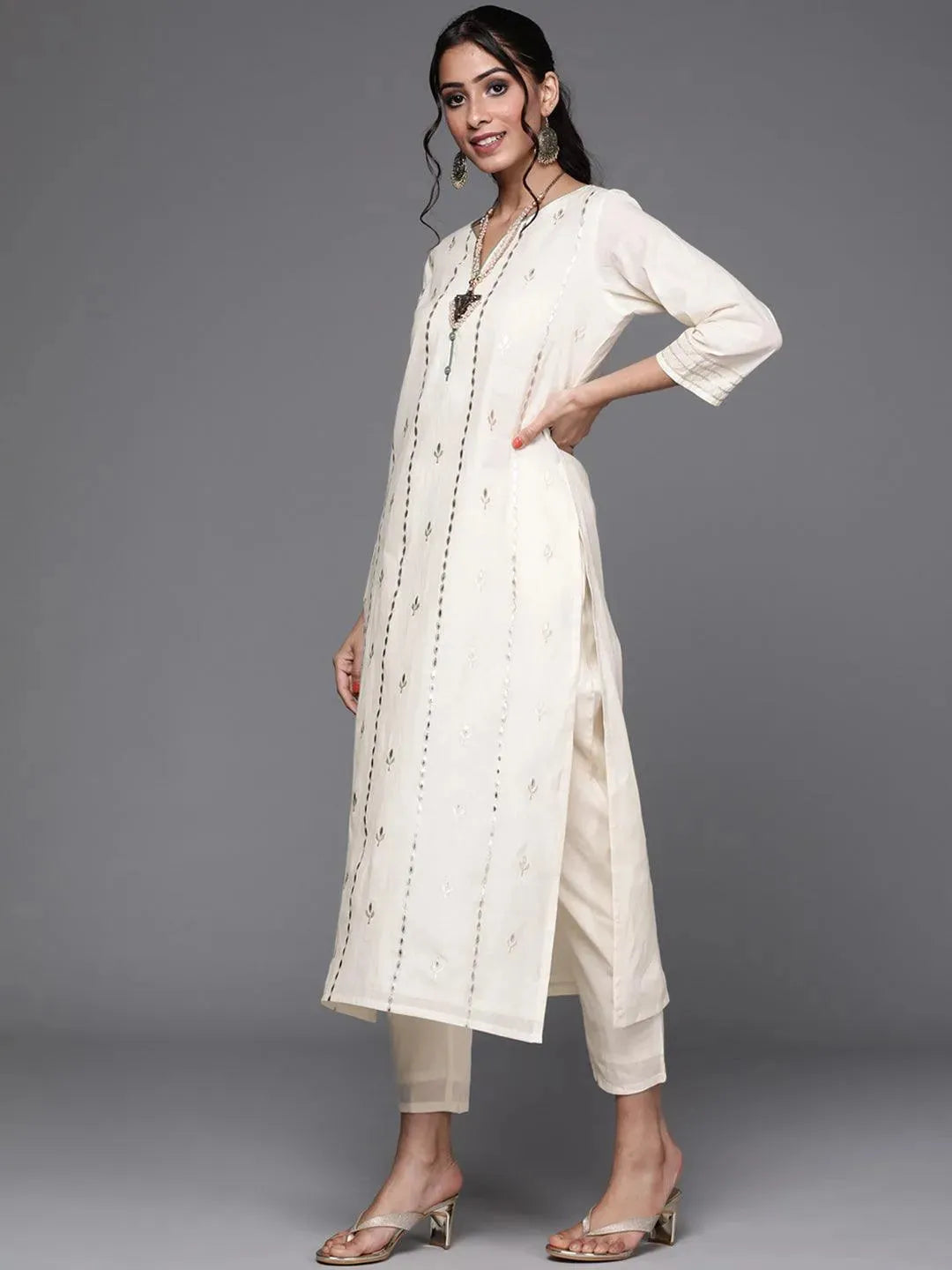 Off White Embroidered Cotton Suit Set - Libas 