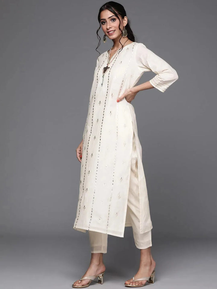 Off White Embroidered Cotton Suit Set - Libas