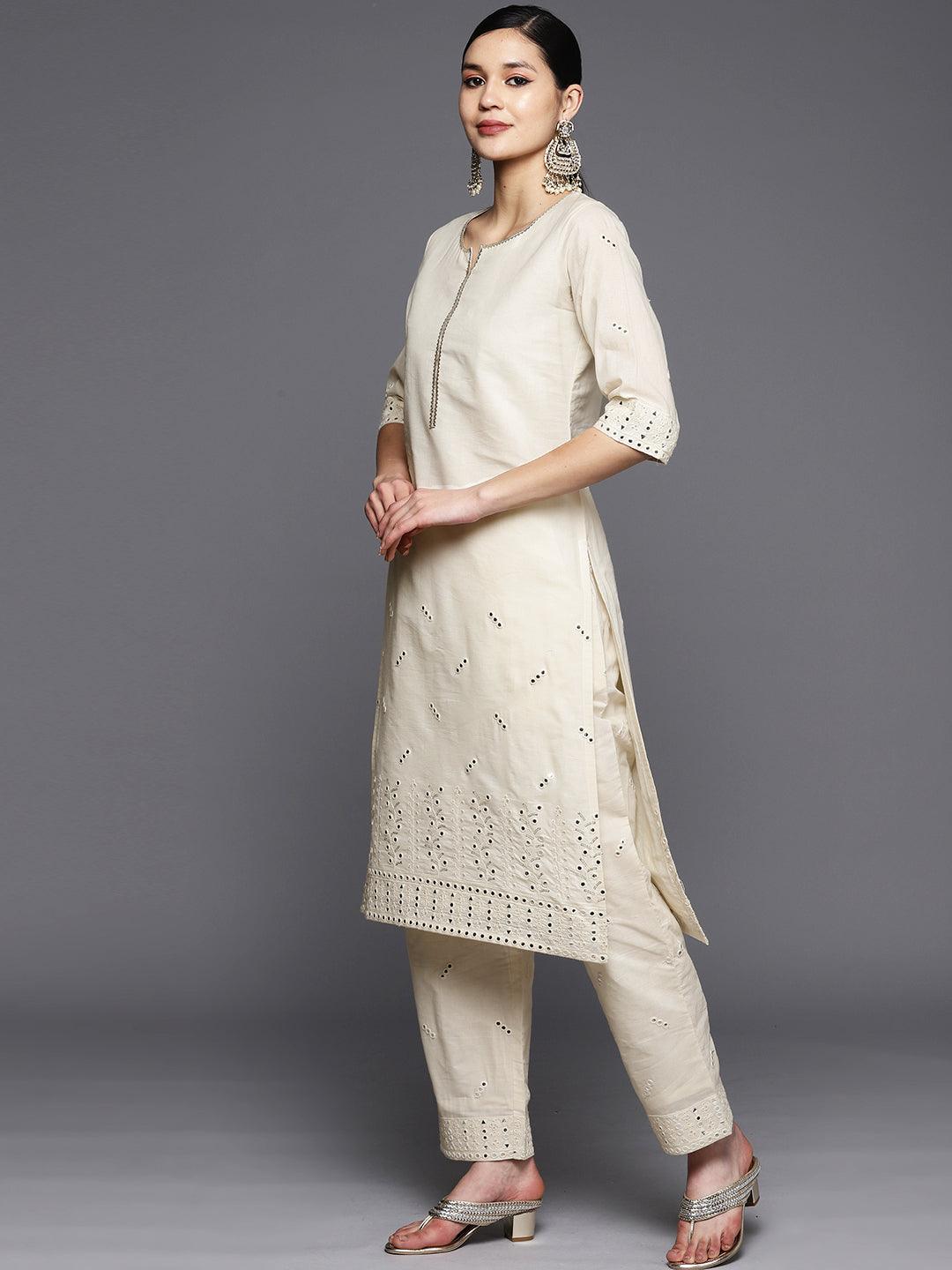 Off White Embroidered Cotton Straight Suit Set With Trousers - Libas
