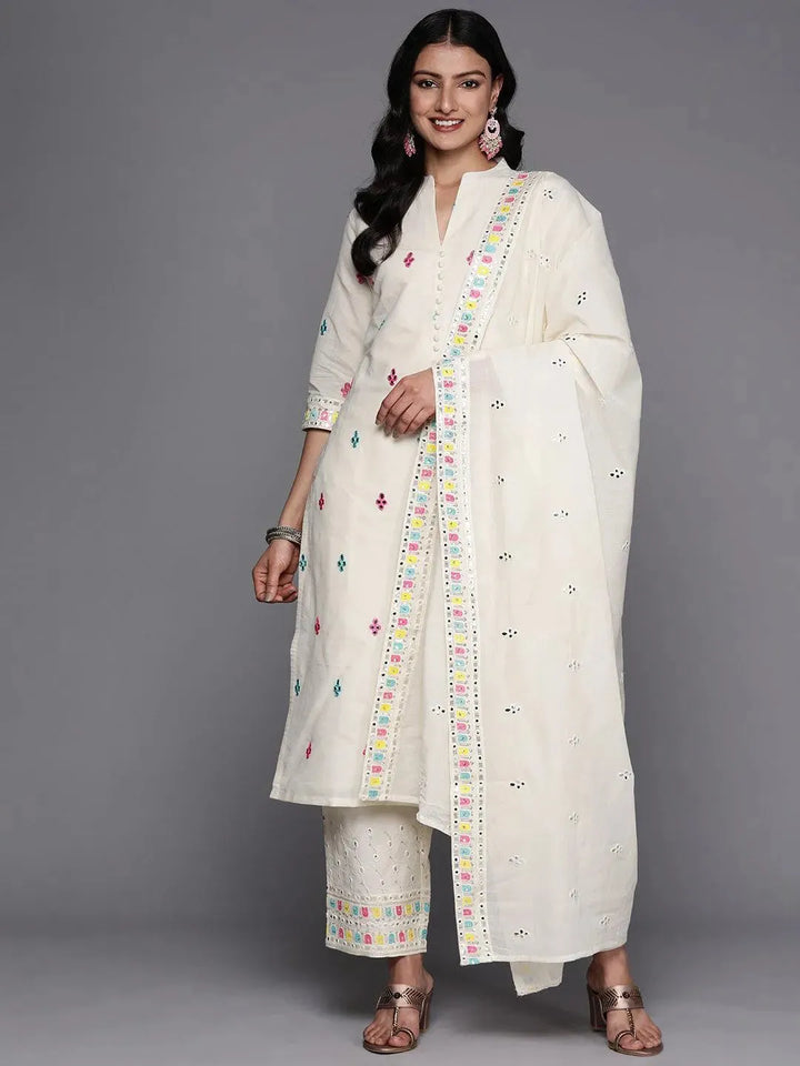 Off White Embroidered Cotton Straight Suit Set With Trousers - Libas