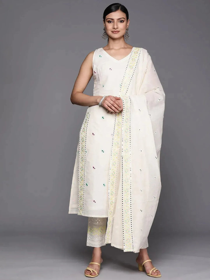 Off White Embroidered Cotton Straight Suit Set With Trousers - Libas