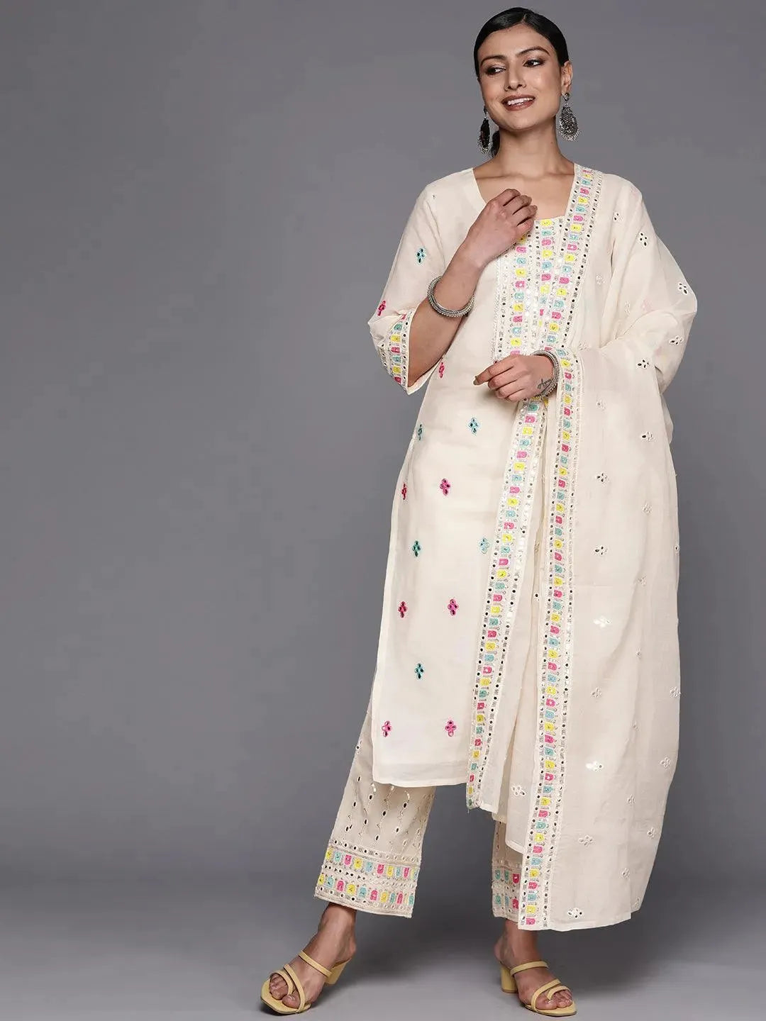 Off White Embroidered Cotton Straight Suit Set With Trousers - Libas 