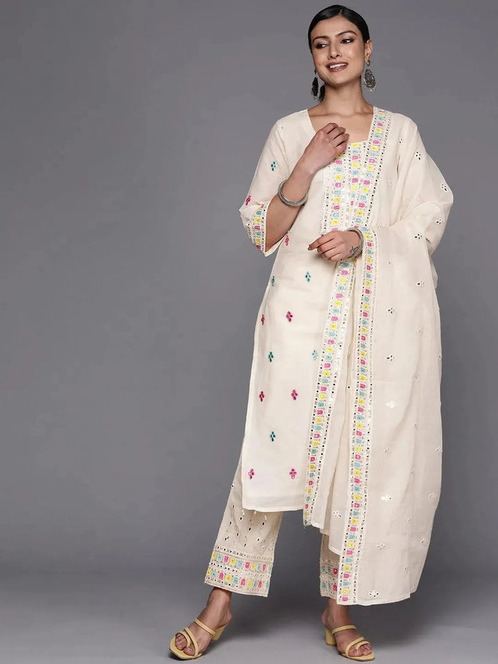 Off White Embroidered Cotton Straight Suit Set With Trousers - Libas