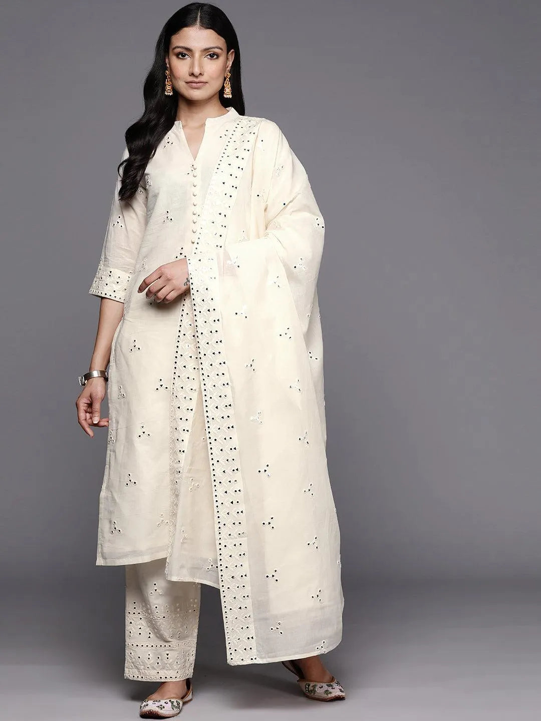 Off White Embroidered Cotton Straight Suit Set With Trousers - Libas