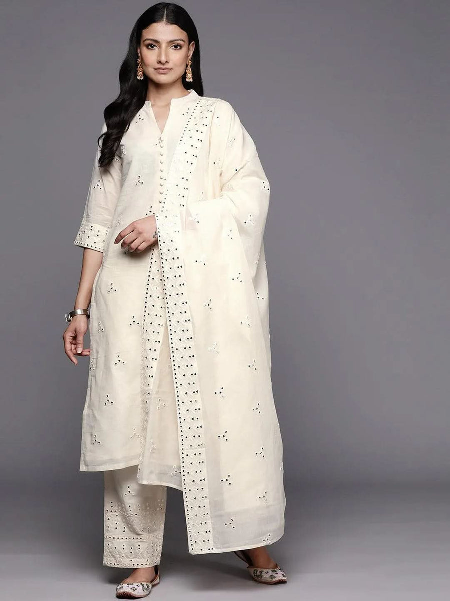 Off White Embroidered Cotton A-line Kurta Pant Sets