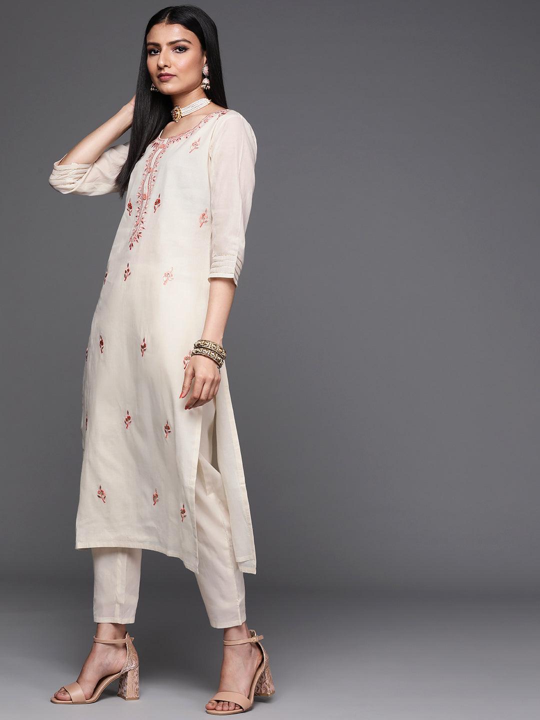Off White Embroidered Cotton Suit Set - Libas