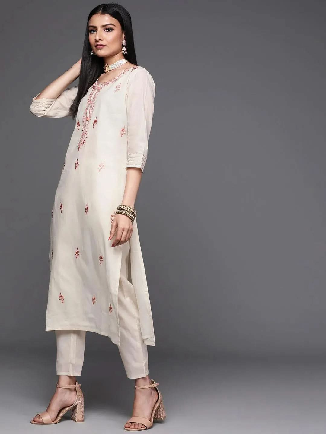 

Buy Off White Embroidered Cotton Suit Set - 33328O-XS | Libas Ethnic Wear Online
