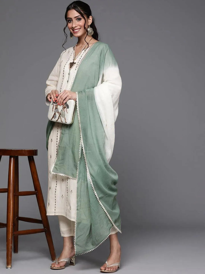 Off White Embroidered Cotton Suit Set - Libas