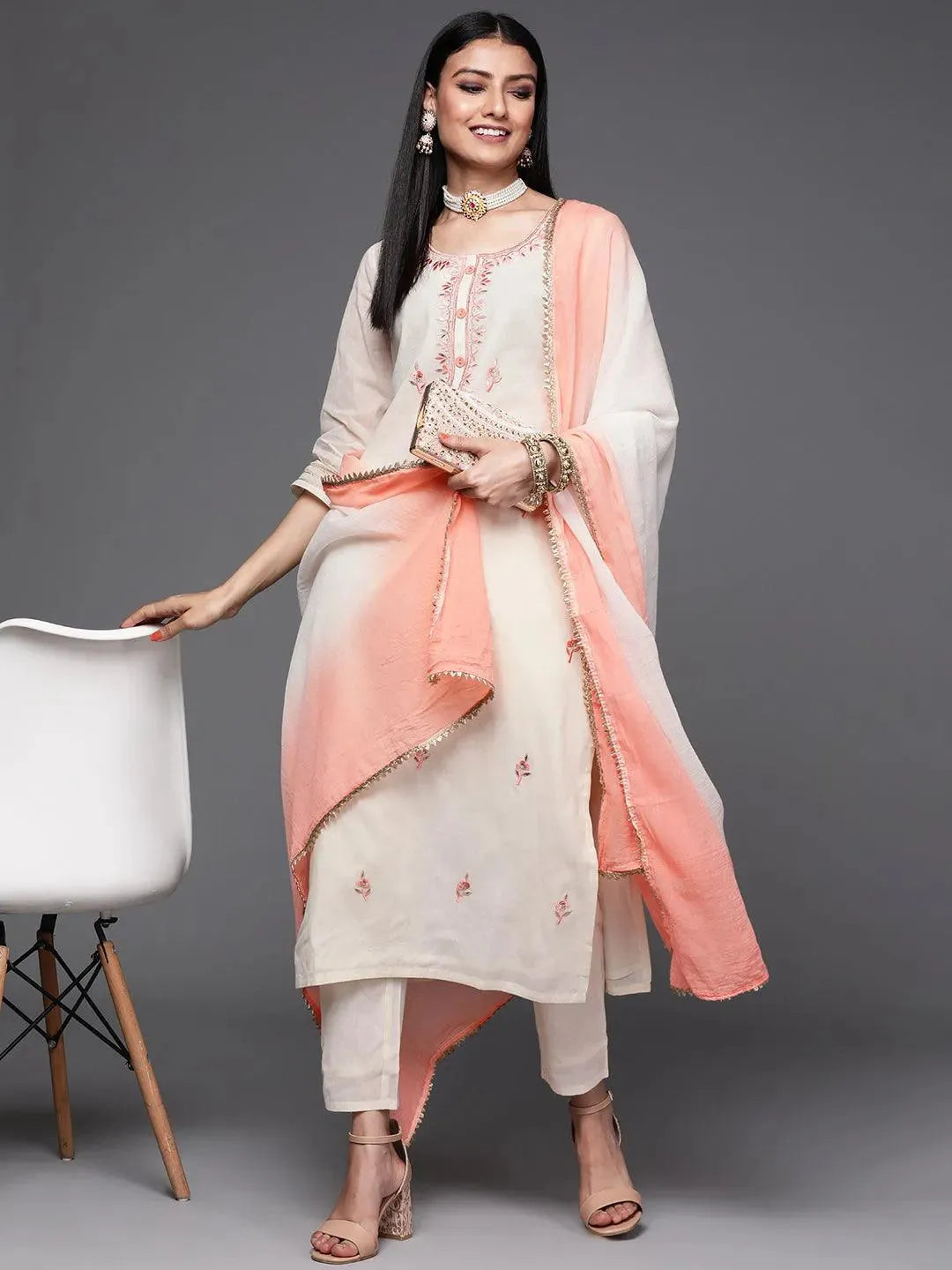 Off White Embroidered Cotton Suit Set - Libas