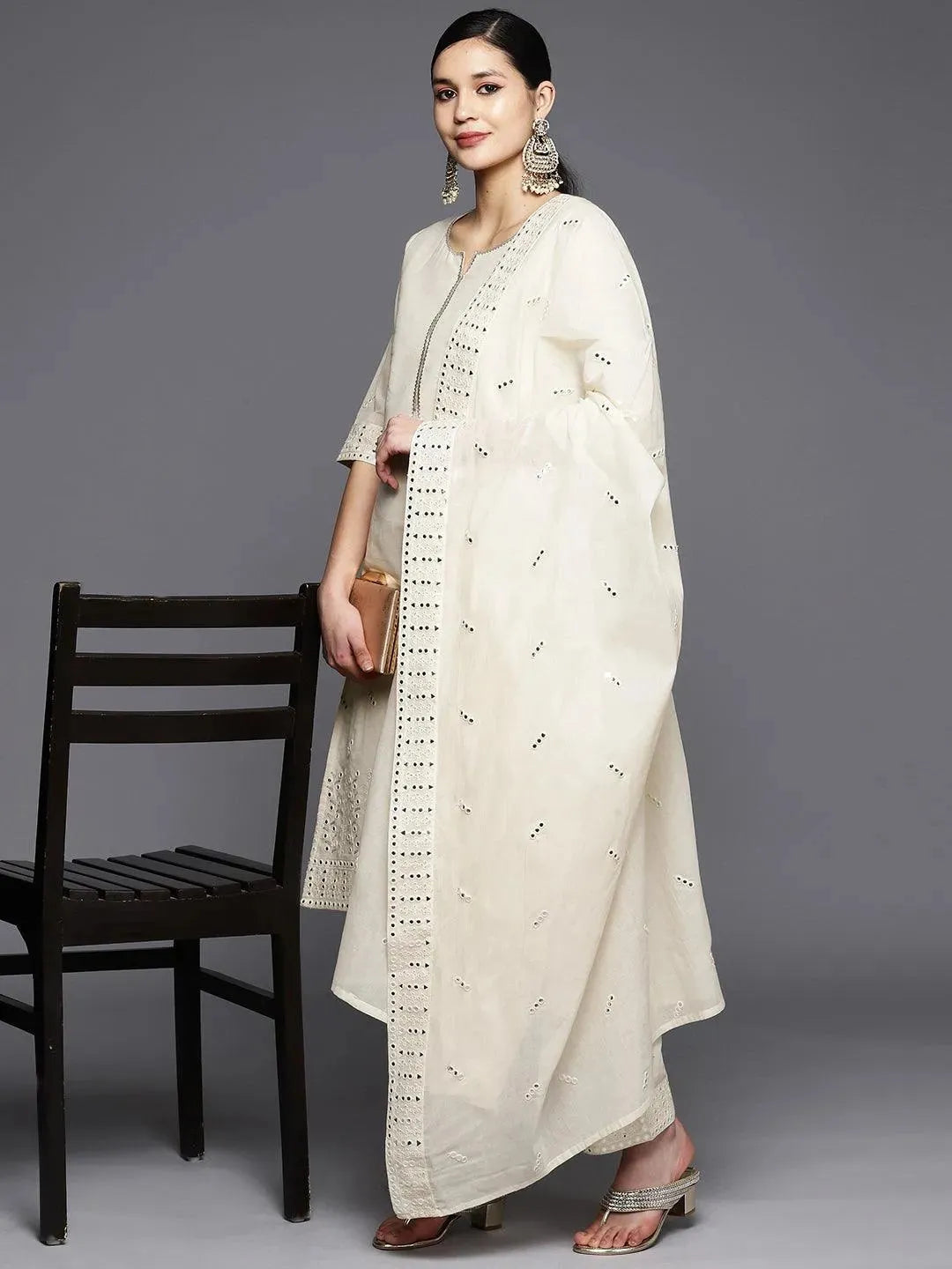 Off White Embroidered Cotton Straight Suit Set With Trousers - Libas 