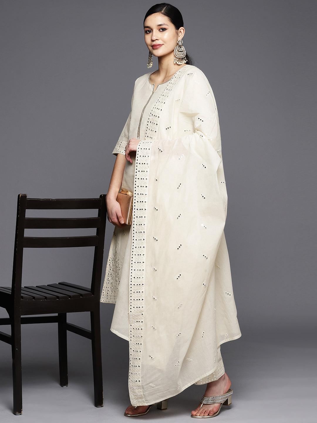 Off White Embroidered Cotton Straight Suit Set With Trousers - Libas