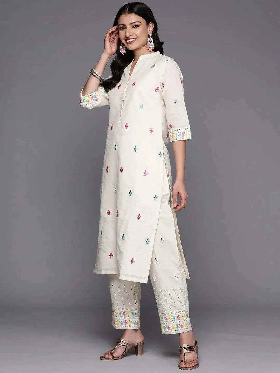 Off White Embroidered Cotton Straight Suit Set With Trousers - Libas