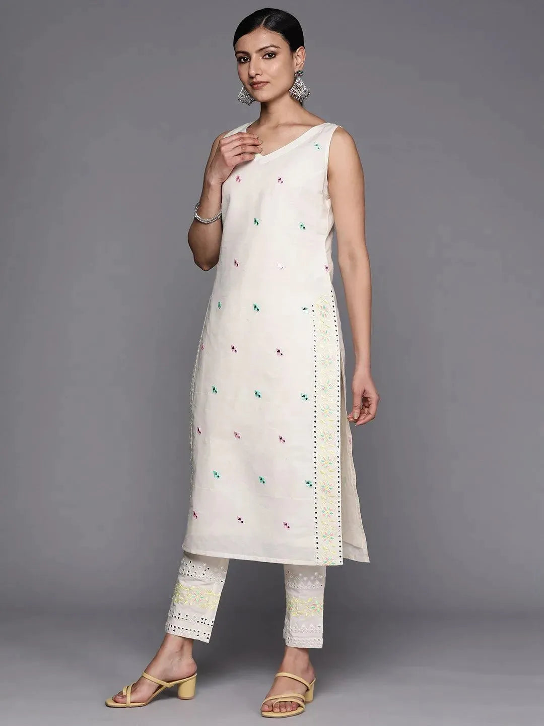 Off White Embroidered Cotton Straight Suit Set With Trousers - Libas