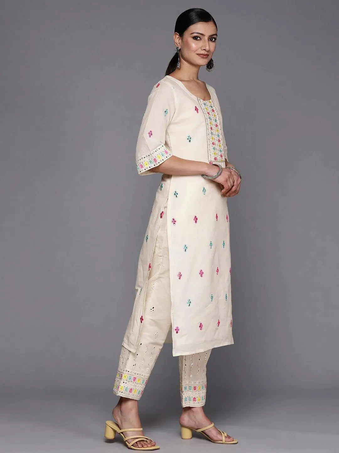 Off White Embroidered Cotton Straight Suit Set With Trousers - Libas 