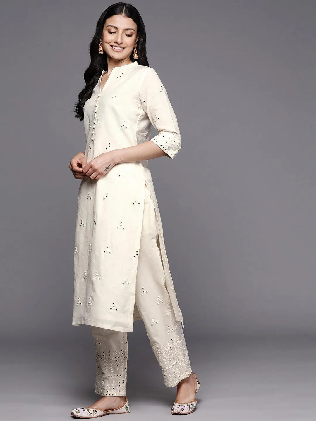 Off White Embroidered Cotton Straight Suit Set With Trousers - Libas