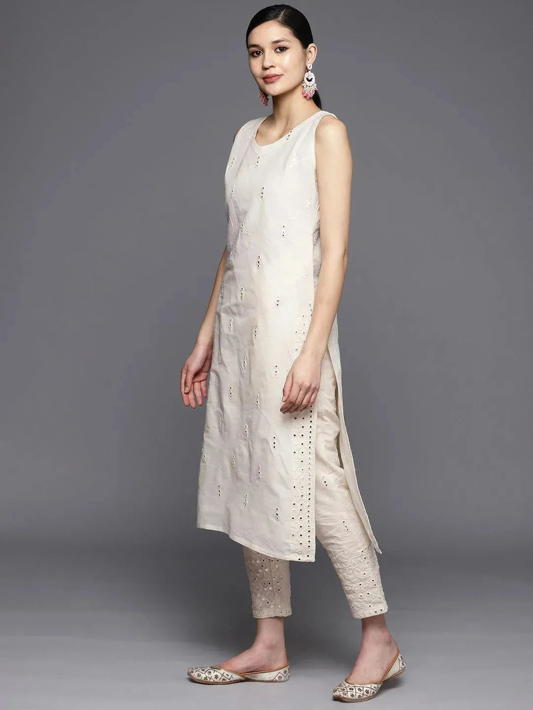 Off White Embroidered Cotton Straight Suit Set With Trousers - Libas 