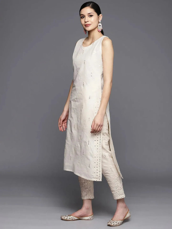 Off White Embroidered Cotton Straight Suit Set With Trousers - Libas