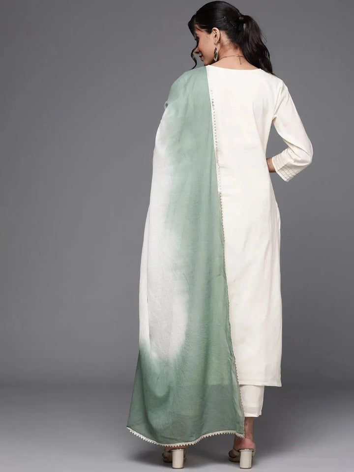 Off White Embroidered Cotton Suit Set - Libas