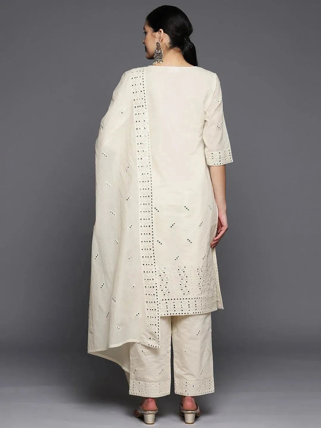 Off White Embroidered Cotton Straight Suit Set With Trousers - Libas 