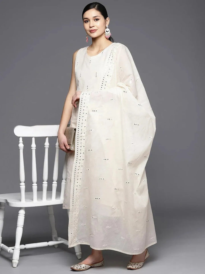 Off White Embroidered Cotton Straight Suit Set With Trousers - Libas